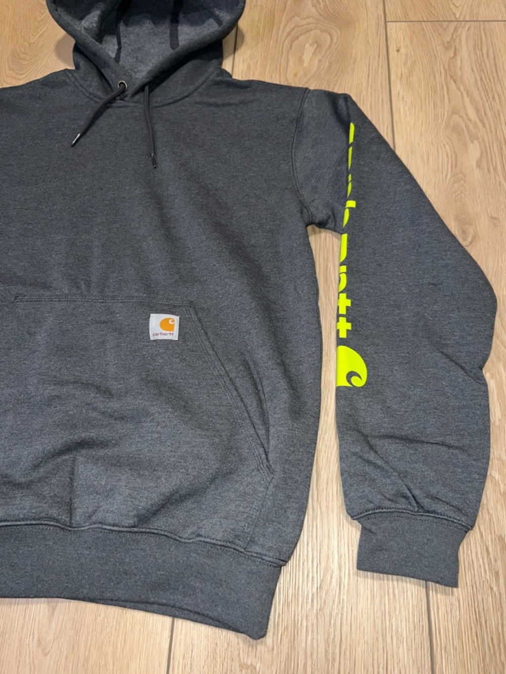 Carhartt Men’s Charcoal Hoodie with Neon Sleeve Logo - Picture 9 of 16
